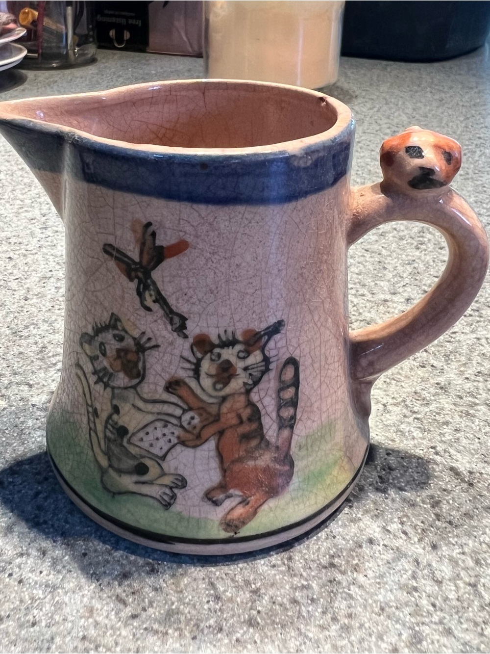1960’s Japan Hand-Painted Ceramic Pitcher with Playful Cat Motif